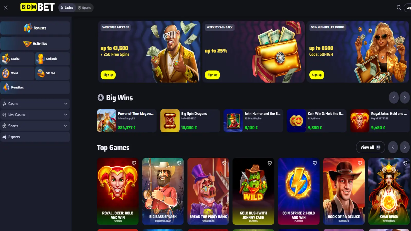 BDMBet online casino slots lobby and live casino tables