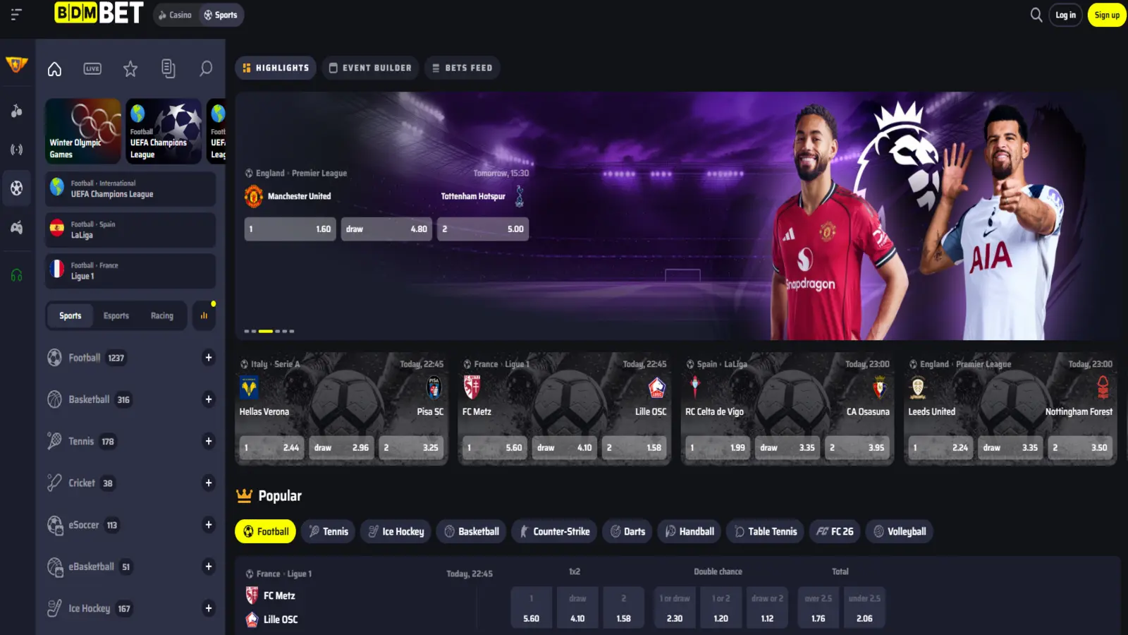 BDMBet Sportsbook live betting interface with football and esports markets