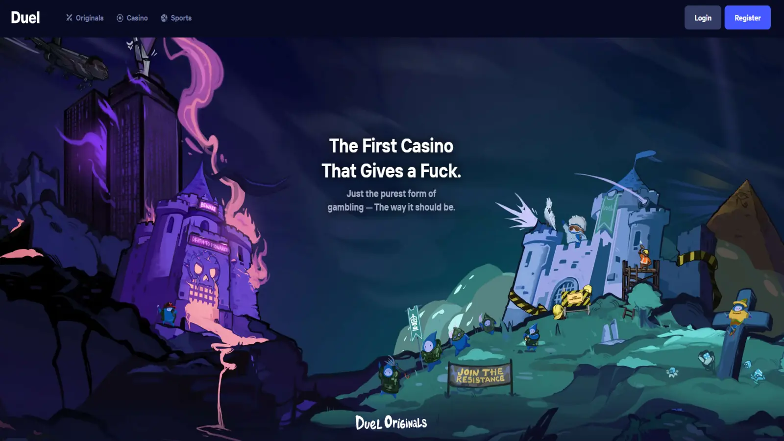 Duel Casino lobby with Duel Originals, slots and live tables