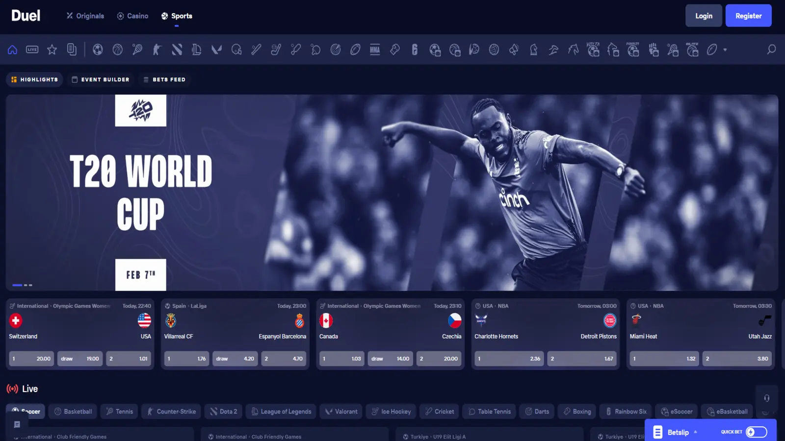 Duel sports and esports betting interface