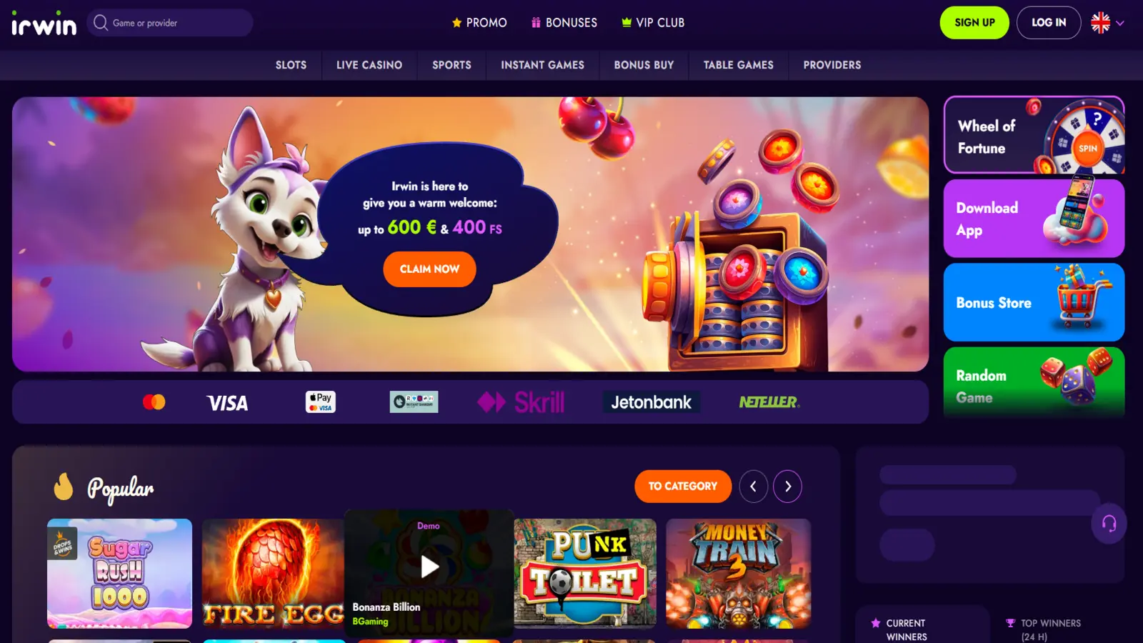 Irwin Casino slots, live casino and sportsbook lobby